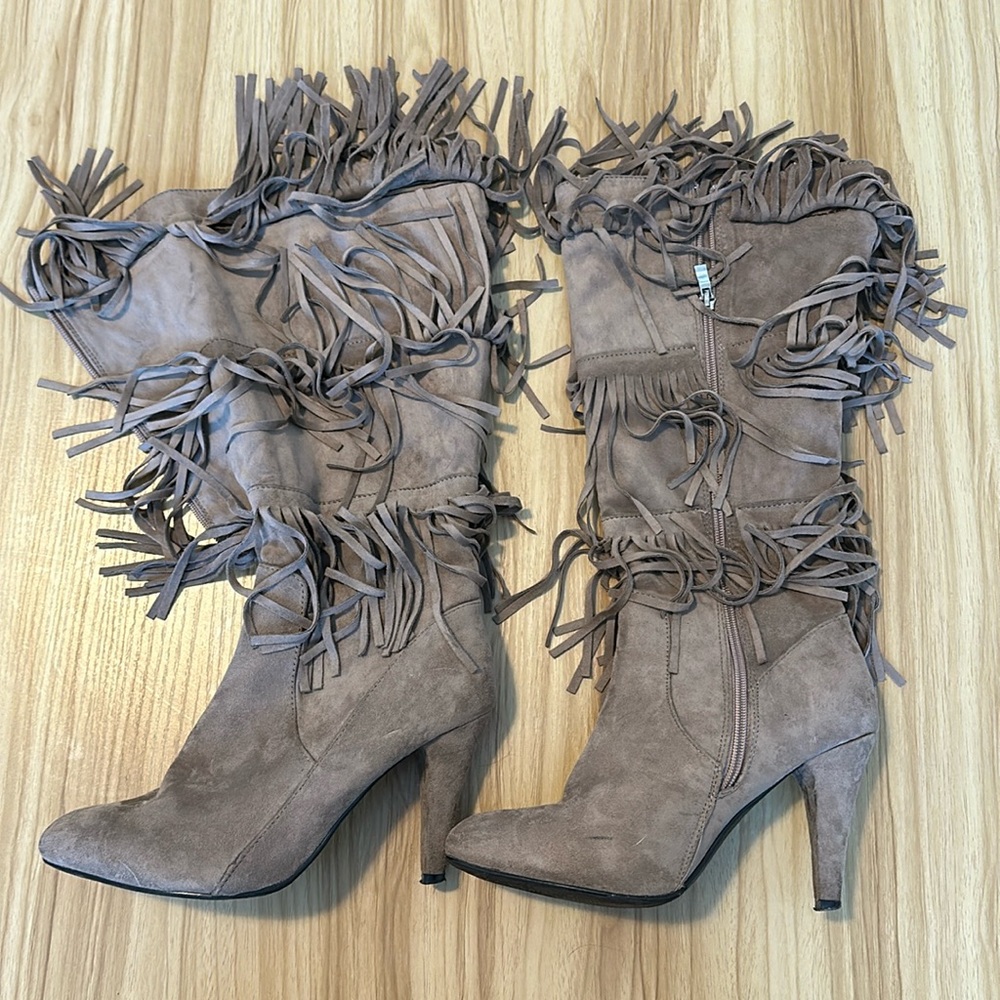 Taupe fringe knee high boots